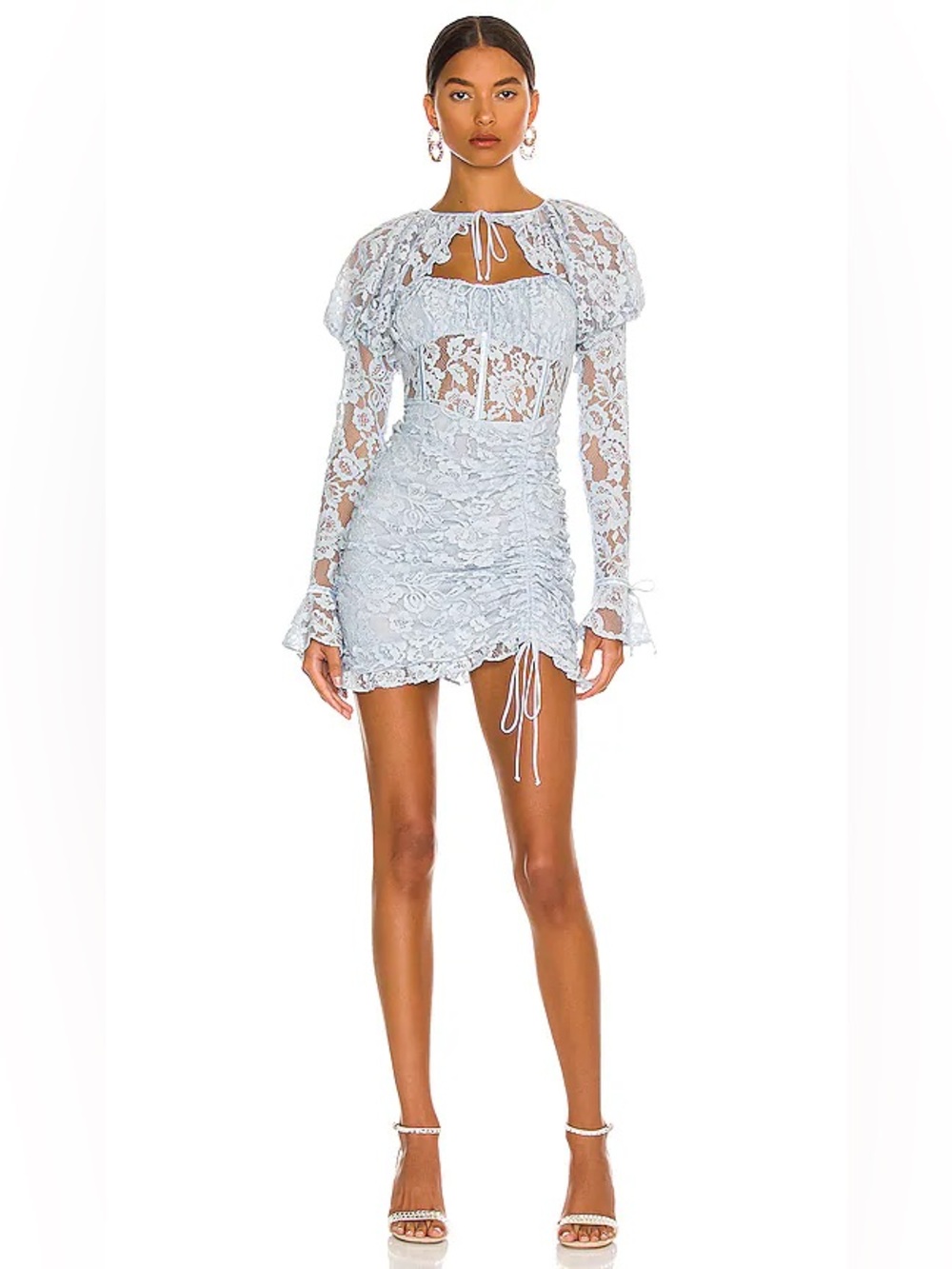 For Love & Lemons Victoria Mini Dress Light Blue Lace Ruched Mini Dress